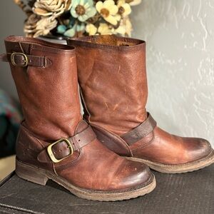 Frye Distressed Brown (Redwood) Leather Buckle Boots